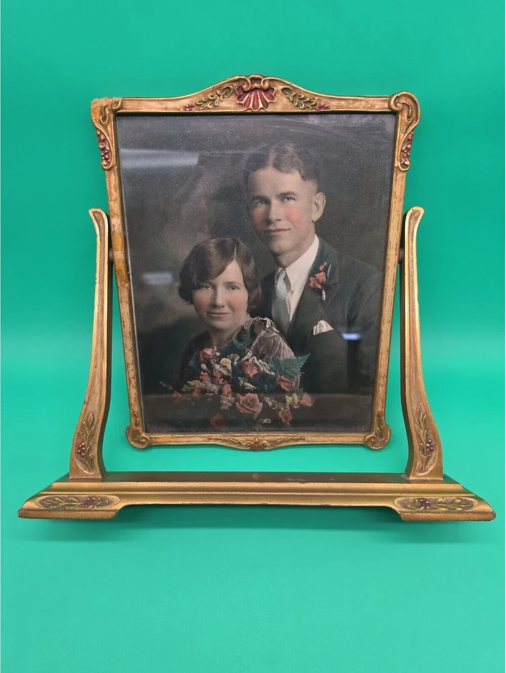 Antique 1930s Art Deco Victorian Style Ornate Wood Picture Frame Hand Colored